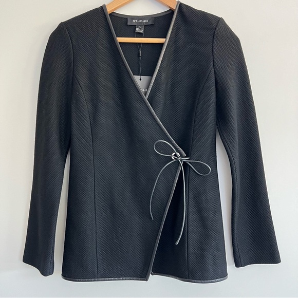 ST. JOHN Black Wool Blend Leather Trim Waist Tie Long Sleeve Jacket Blazer Sz 2 - Picture 16 of 16